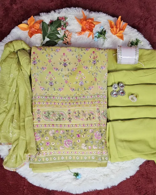 Green Embroidery Work Cotton Silk Unstitched Suit Set With Chiffon Duppata
