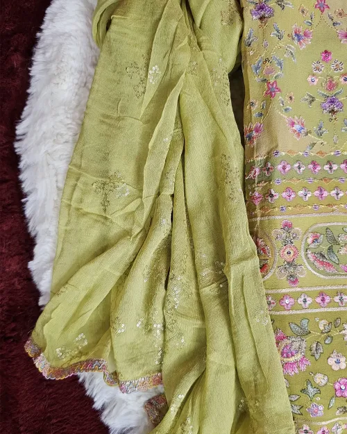 Green Embroidery Work Cotton Silk Unstitched Suit Set With Chiffon Duppata