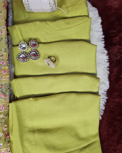 Green Embroidery Work Cotton Silk Unstitched Suit Set With Chiffon Duppata