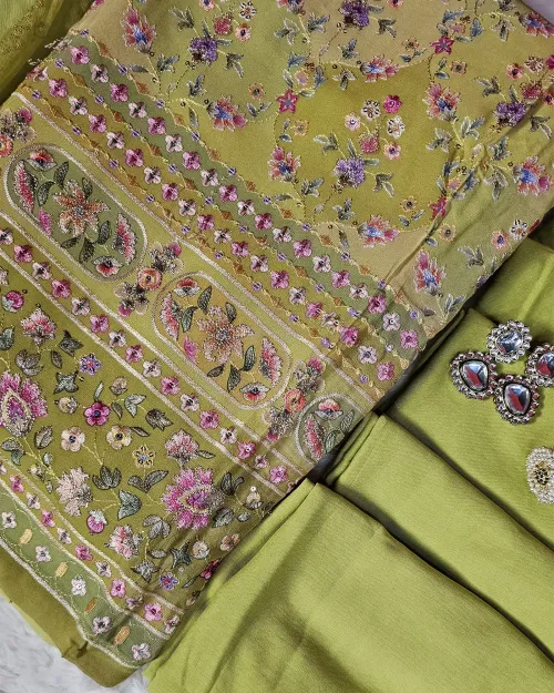 Green Embroidery Work Cotton Silk Unstitched Suit Set With Chiffon Duppata