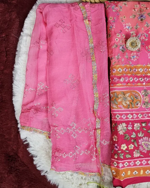 Peach Embroidery Work Cotton Silk Unstitched Suit Set With Chiffon Duppata