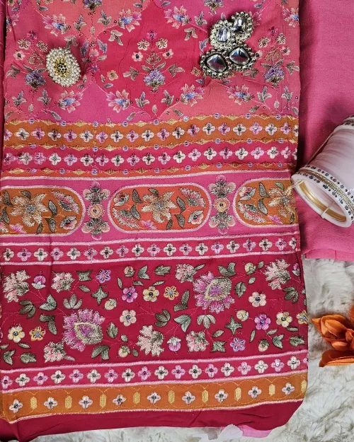Peach Embroidery Work Cotton Silk Unstitched Suit Set With Chiffon Duppata