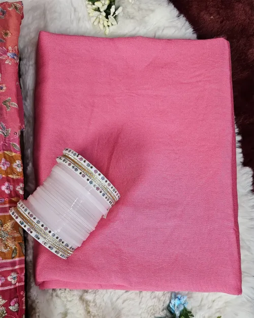 Peach Embroidery Work Cotton Silk Unstitched Suit Set With Chiffon Duppata