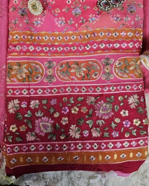 Peach Embroidery Work Cotton Silk Unstitched Suit Set With Chiffon Duppata