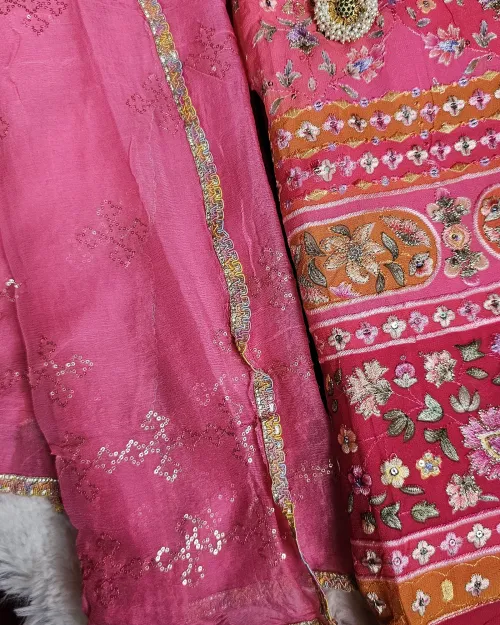Peach Embroidery Work Cotton Silk Unstitched Suit Set With Chiffon Duppata