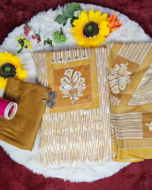 White & Mustard Cotton Unstitched Salwar Suit Set