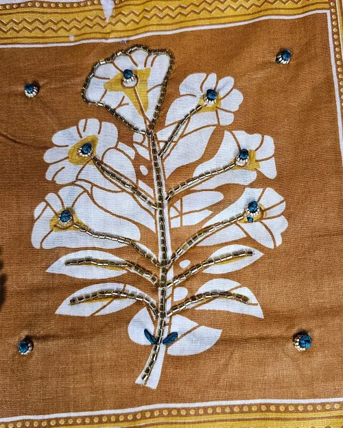 White & Mustard Cotton Unstitched Salwar Suit Set