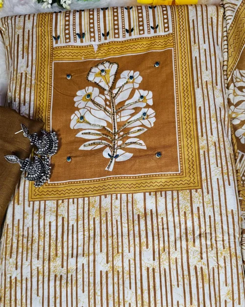 White & Mustard Cotton Unstitched Salwar Suit Set