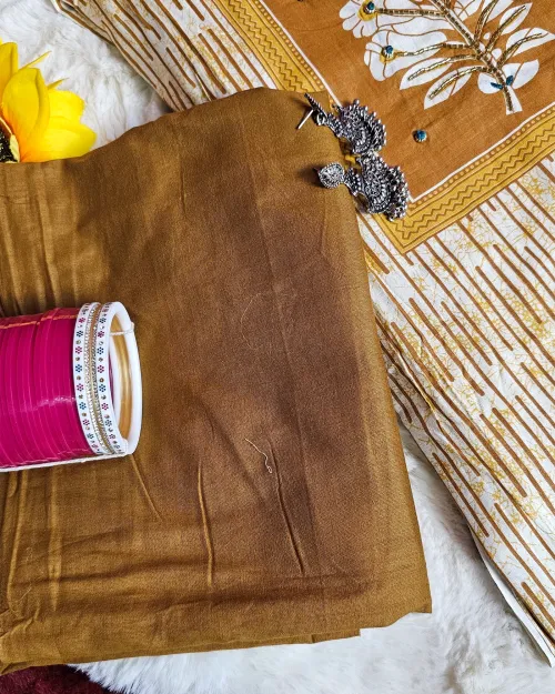 White & Mustard Cotton Unstitched Salwar Suit Set