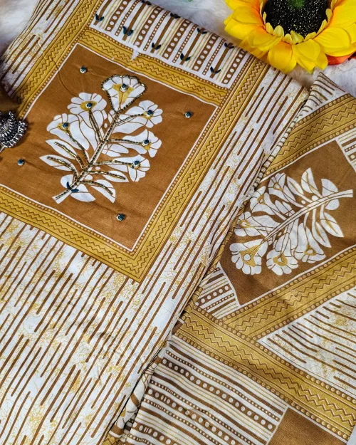 White & Mustard Cotton Unstitched Salwar Suit Set