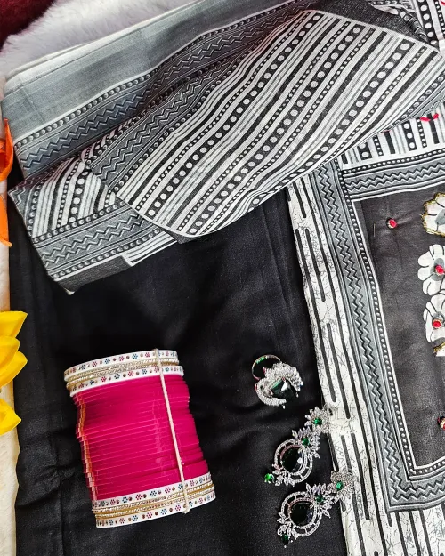 White & Black Pure Cotton Printed Unstitched Suit Set