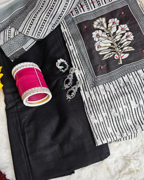 White & Black Pure Cotton Printed Unstitched Suit Set