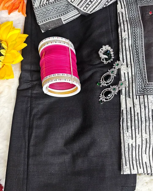 White & Black Pure Cotton Printed Unstitched Suit Set