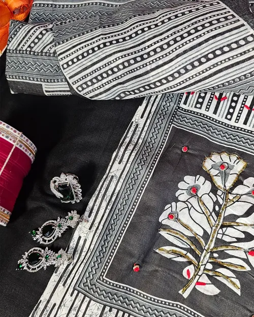 White & Black Pure Cotton Printed Unstitched Suit Set