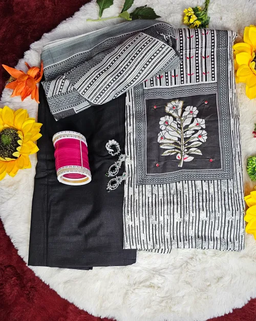 White & Black Pure Cotton Printed Unstitched Suit Set