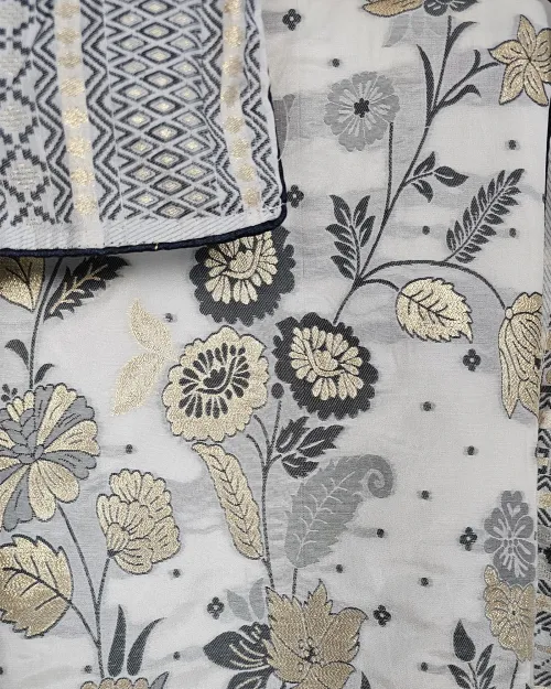 White Cotton Silk Printed Unstitched Suit Set