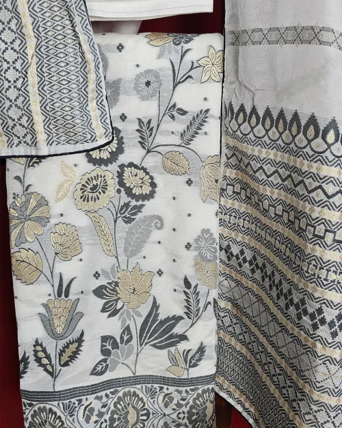 White Cotton Silk Printed Unstitched Suit Set