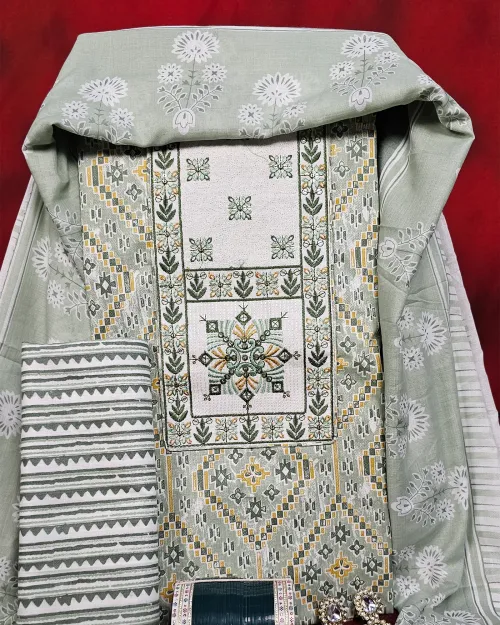 Light Green Cotton Unstitched Salwar Suit