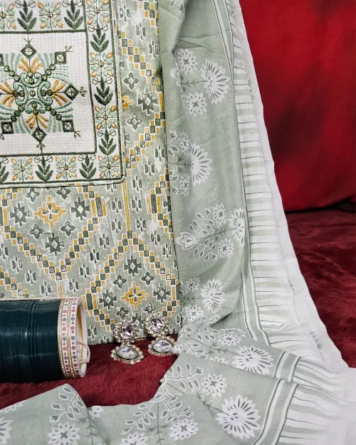 Light Green Cotton Unstitched Salwar Suit