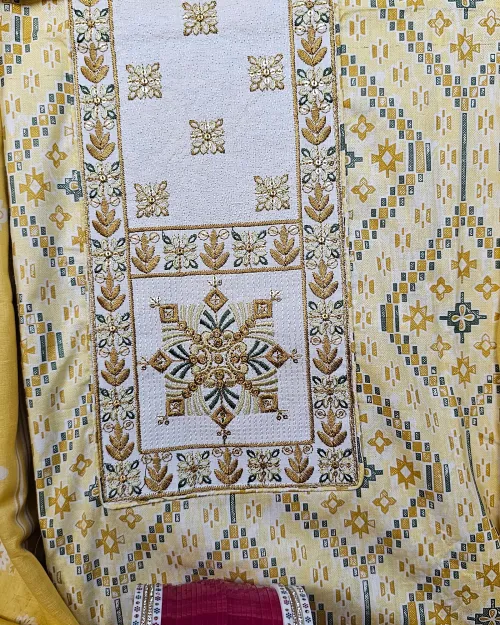 Yellow Color Cotton Unstitched Salwar Suit