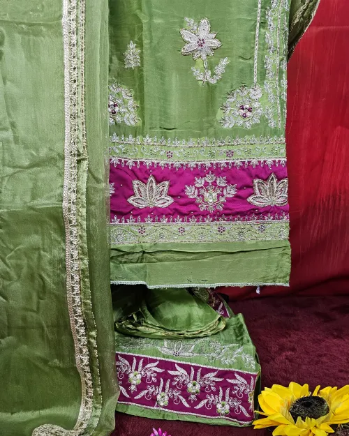 Green Color Organza Unstitched Salwar Suit Set