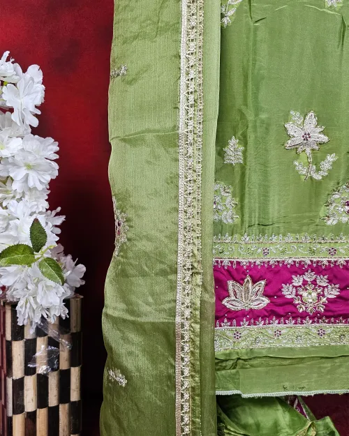 Green Color Organza Unstitched Salwar Suit Set