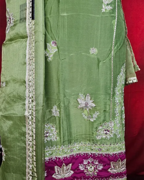Green Color Organza Unstitched Salwar Suit Set