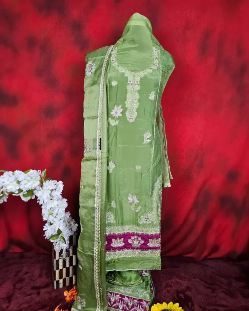 Green Color Organza Unstitched Salwar Suit Set