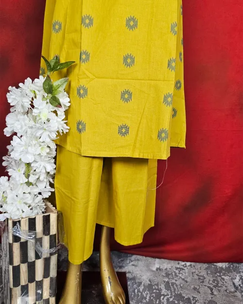 Yellow Straight Readymade Cotton Suit Set