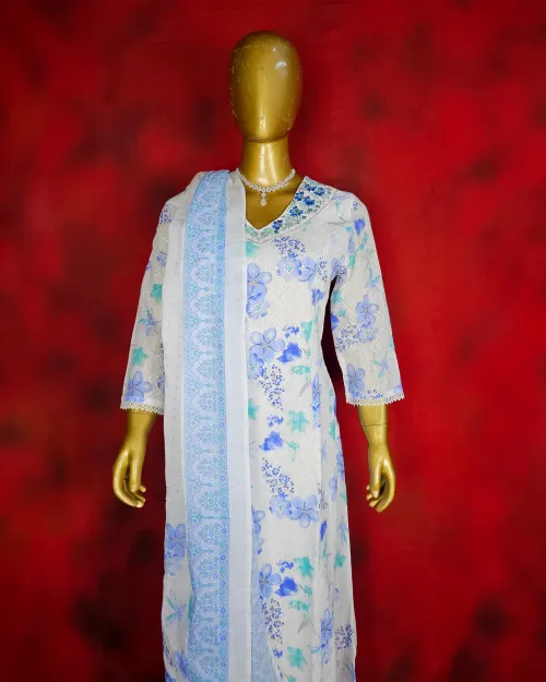 White Color Printed Readymade Cotton Suit Set
