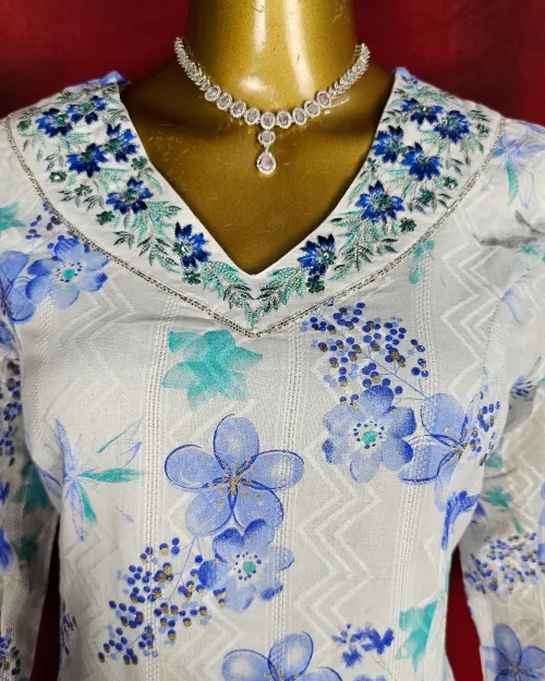 White Color Printed Readymade Cotton Suit Set