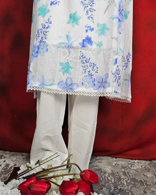 White Color Printed Readymade Cotton Suit Set