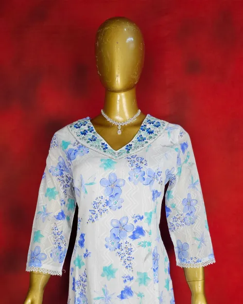 White Color Printed Readymade Cotton Suit Set