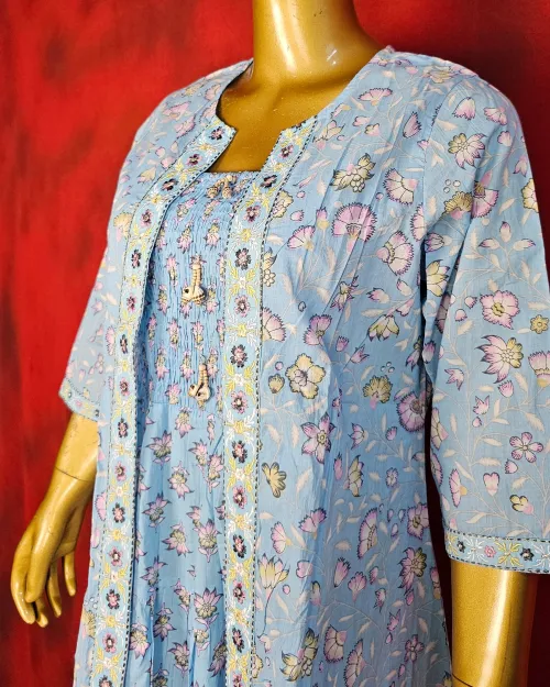 Ice Blue Color Readymade Cotton Suit Set