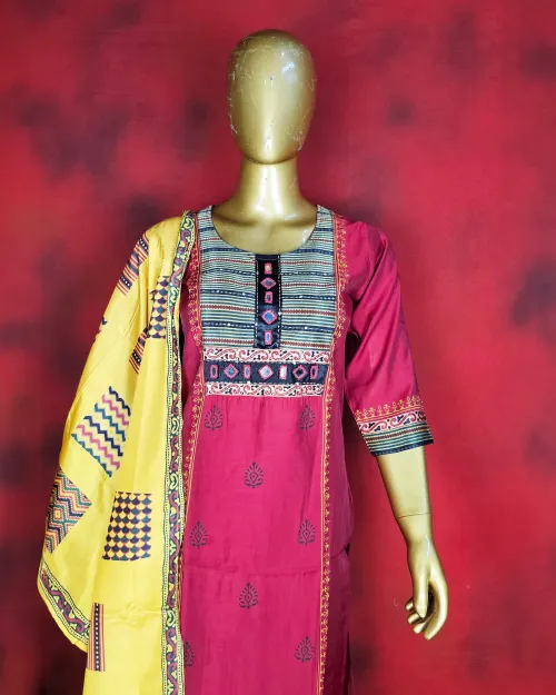 Red Color Printed Readymade Cotton Suit Set