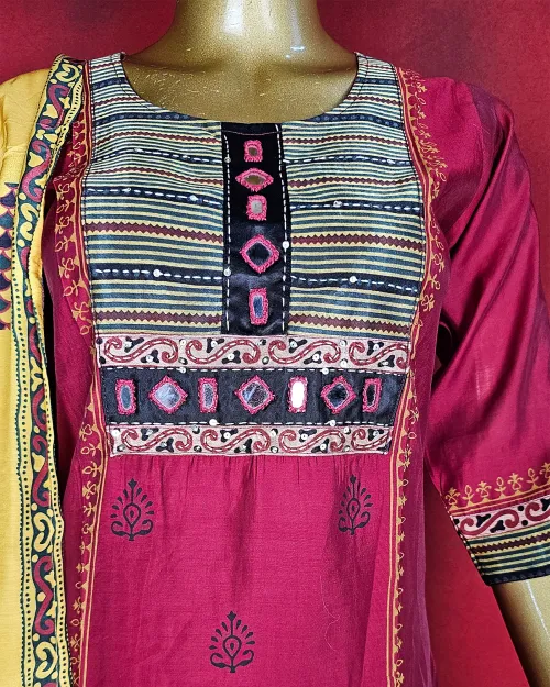 Red Color Printed Readymade Cotton Suit Set