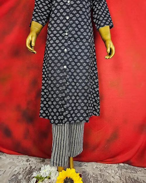 Grey Straight Readymade Cotton Suit Set