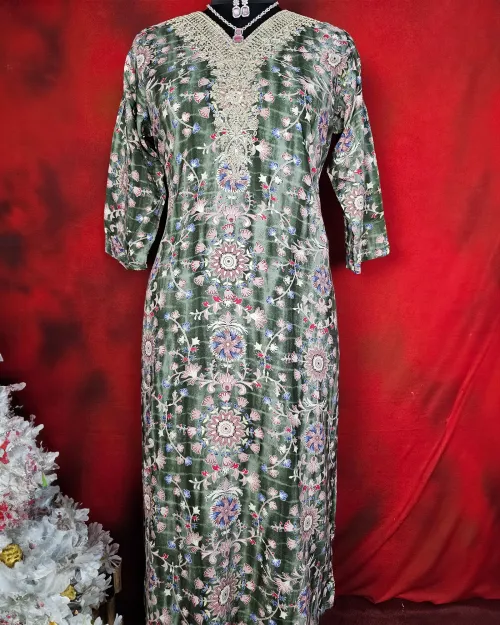 Green Color Muslin Readymade Straight Suit Set