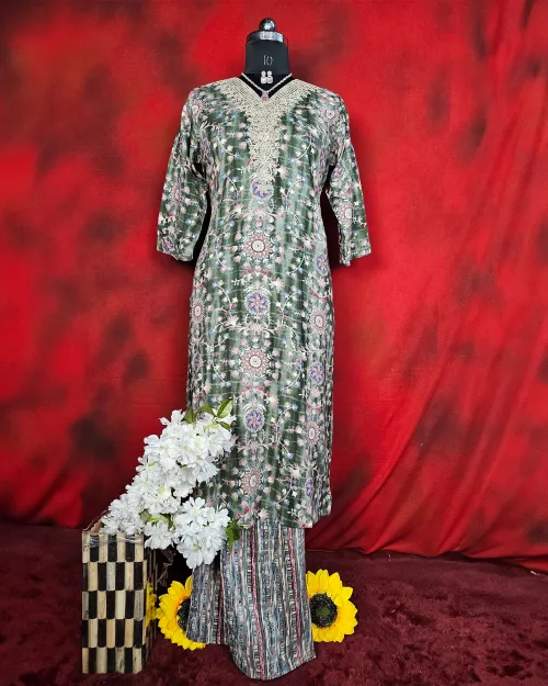 Green Color Muslin Readymade Straight Suit Set