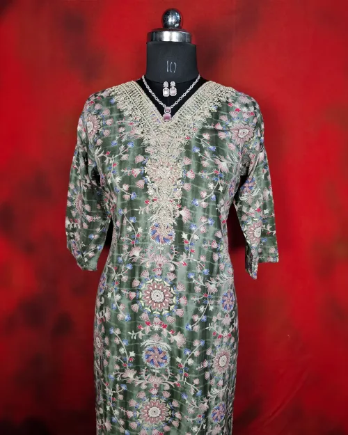 Green Color Muslin Readymade Straight Suit Set