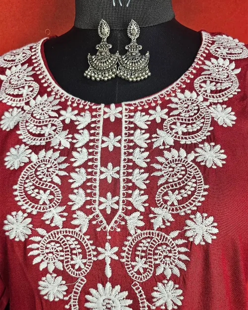 Red Readymade Cotton Straight Kurti