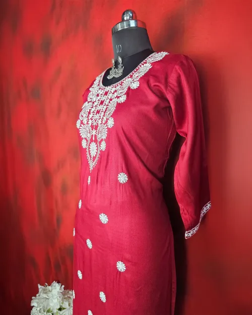 Red Readymade Cotton Straight Kurti