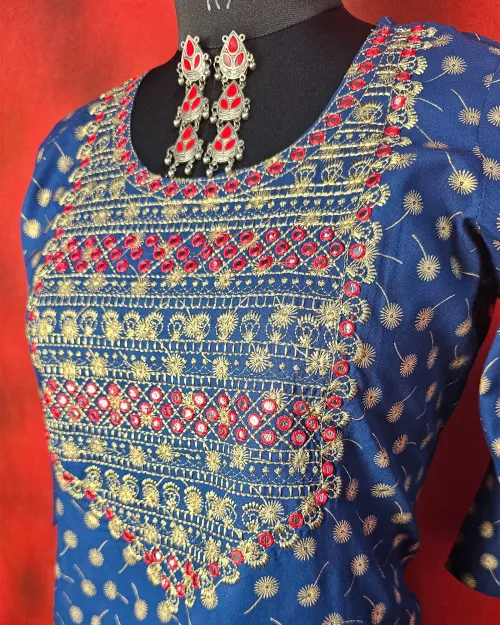 Navy Blue Cotton Readymade Straight Kurti