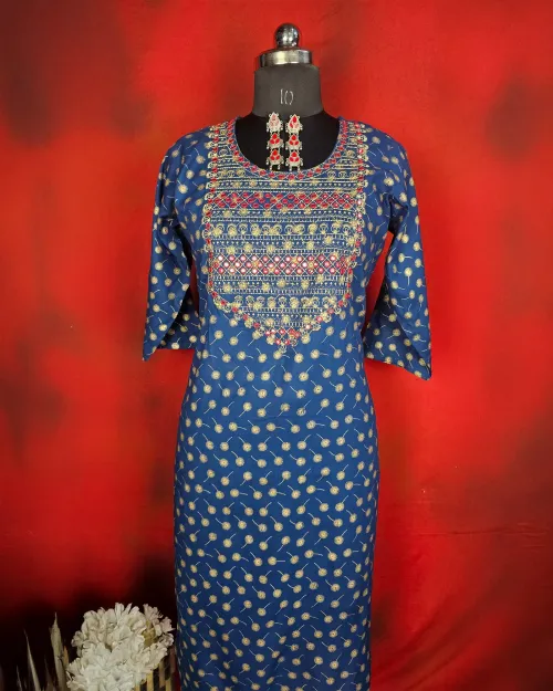 Navy Blue Cotton Readymade Straight Kurti