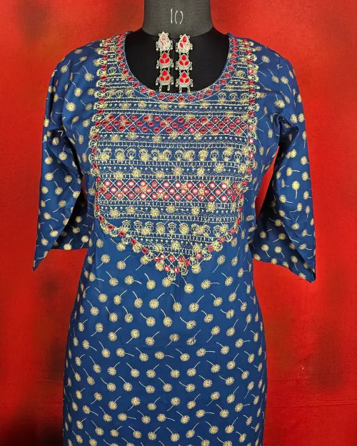 Navy Blue Cotton Readymade Straight Kurti