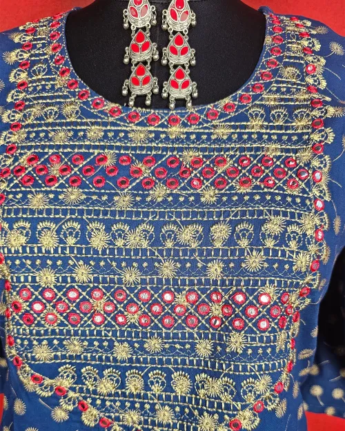 Navy Blue Cotton Readymade Straight Kurti