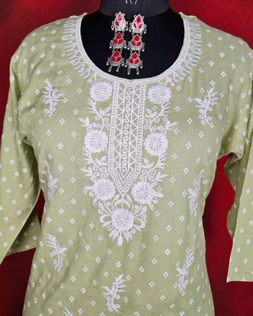 Light Green Cotton Readymade Kurti