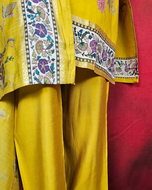 Yellow Readymade Cotton Straight Kurti Set