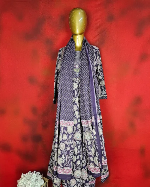 Purple Readymade Cotton Straight Kurti Set