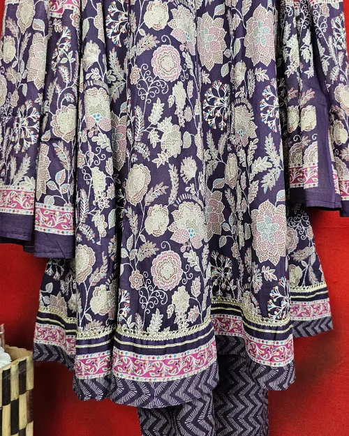 Purple Readymade Cotton Straight Kurti Set